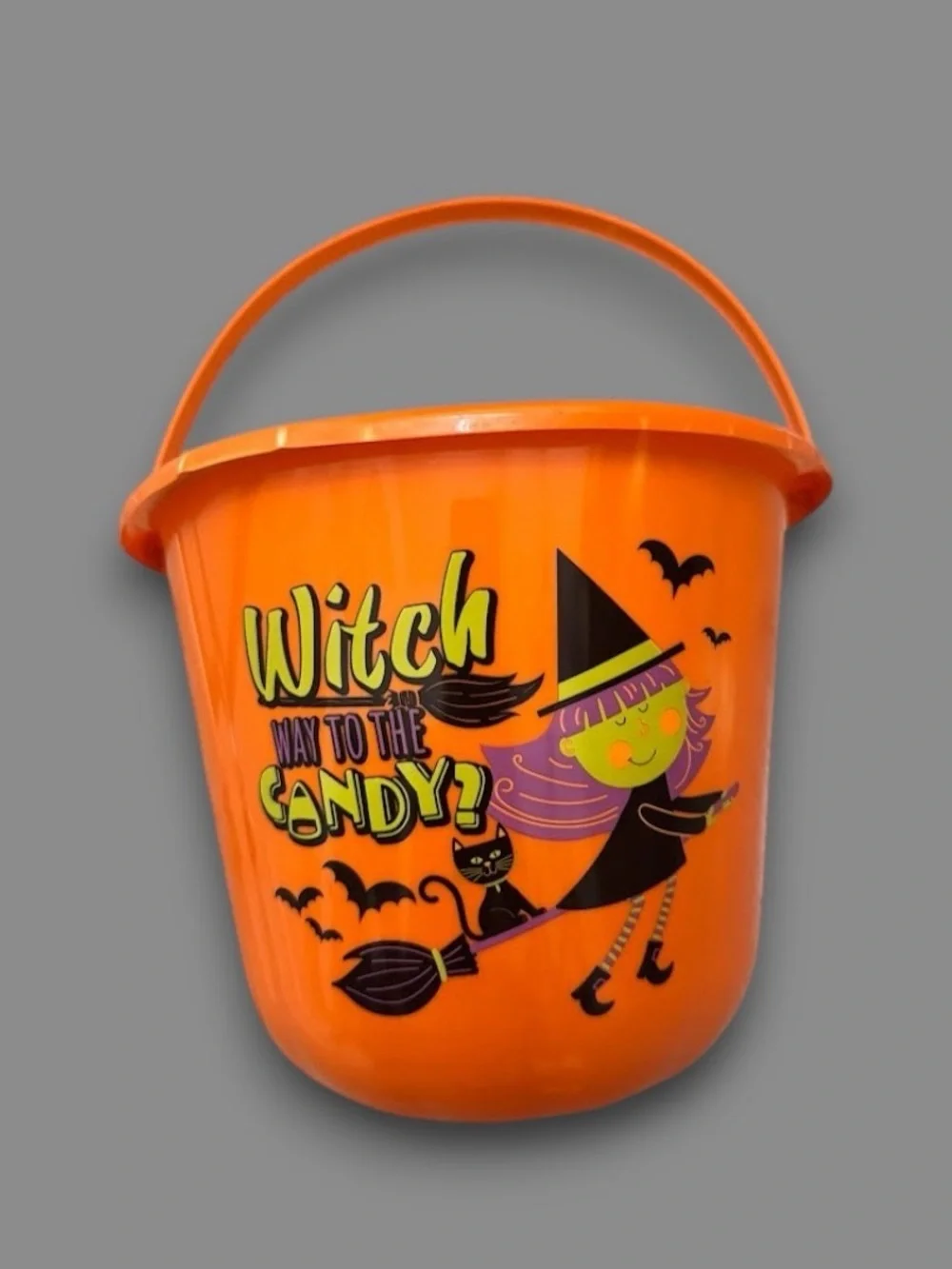 Orange Halloween Trick or Treat Candy Bucket Witch Bat Cat Plastic Pail
